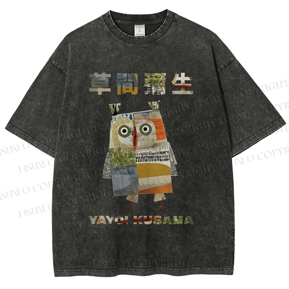 Unisex Japanese Yayoi Kusama Owl Collage Art Printed Washed Tee