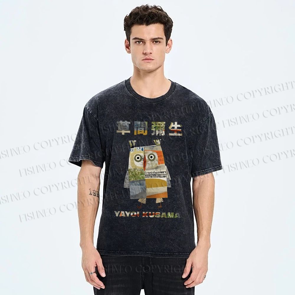 Unisex Japanese Yayoi Kusama Owl Collage Art Printed Washed Tee