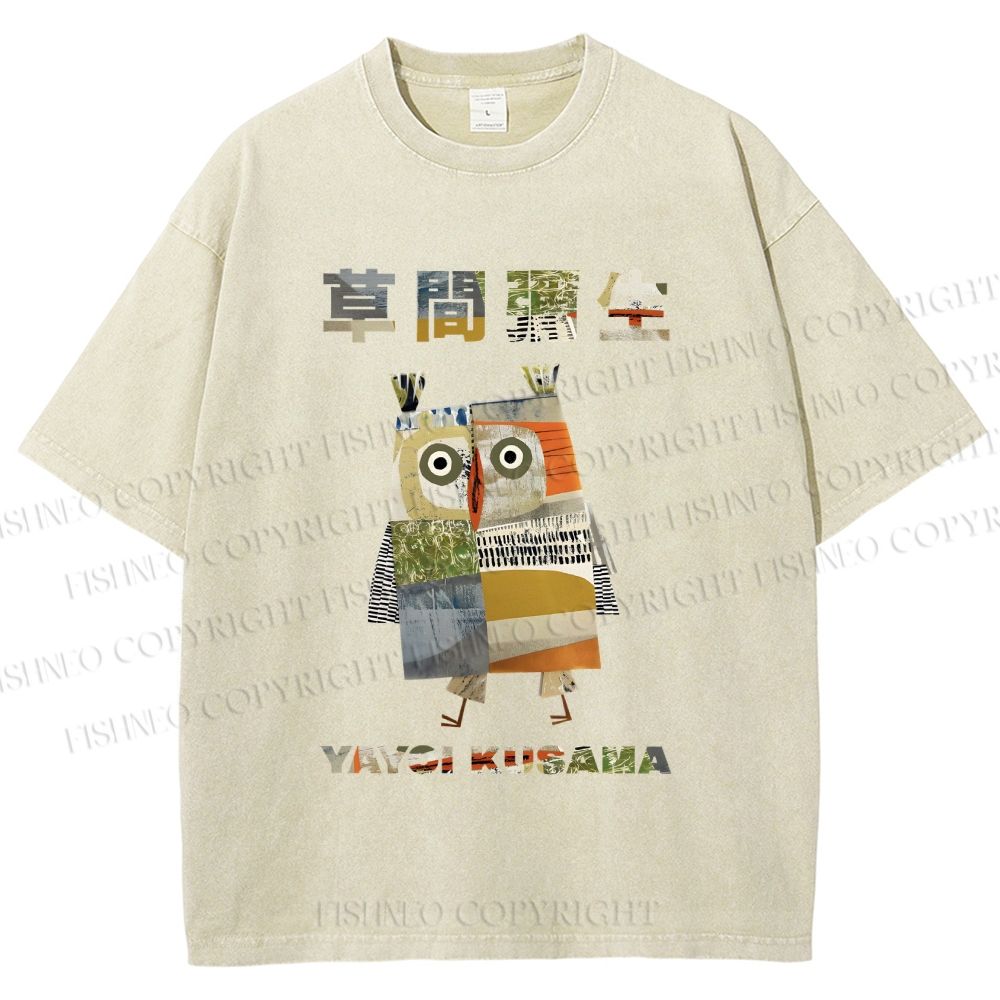 Unisex Japanese Yayoi Kusama Owl Collage Art Printed Washed Tee