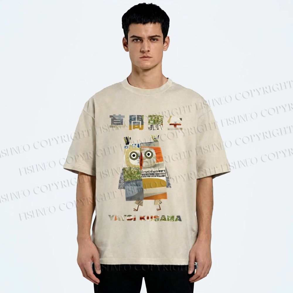Unisex Japanese Yayoi Kusama Owl Collage Art Printed Washed Tee