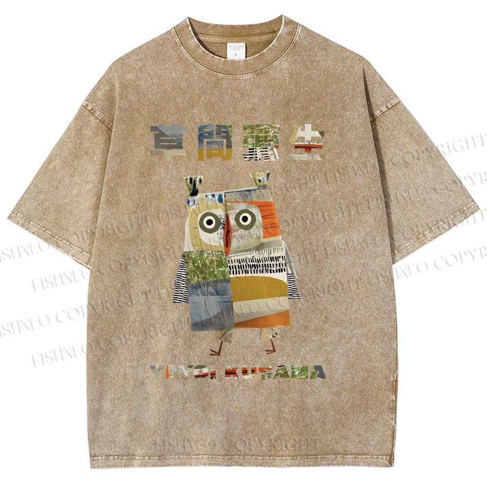 Unisex Japanese Yayoi Kusama Owl Collage Art Printed Washed Tee