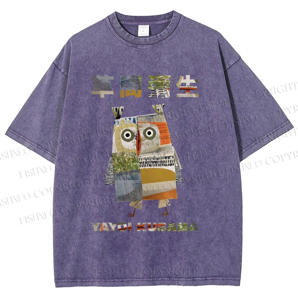 Unisex Japanese Yayoi Kusama Owl Collage Art Printed Washed Tee