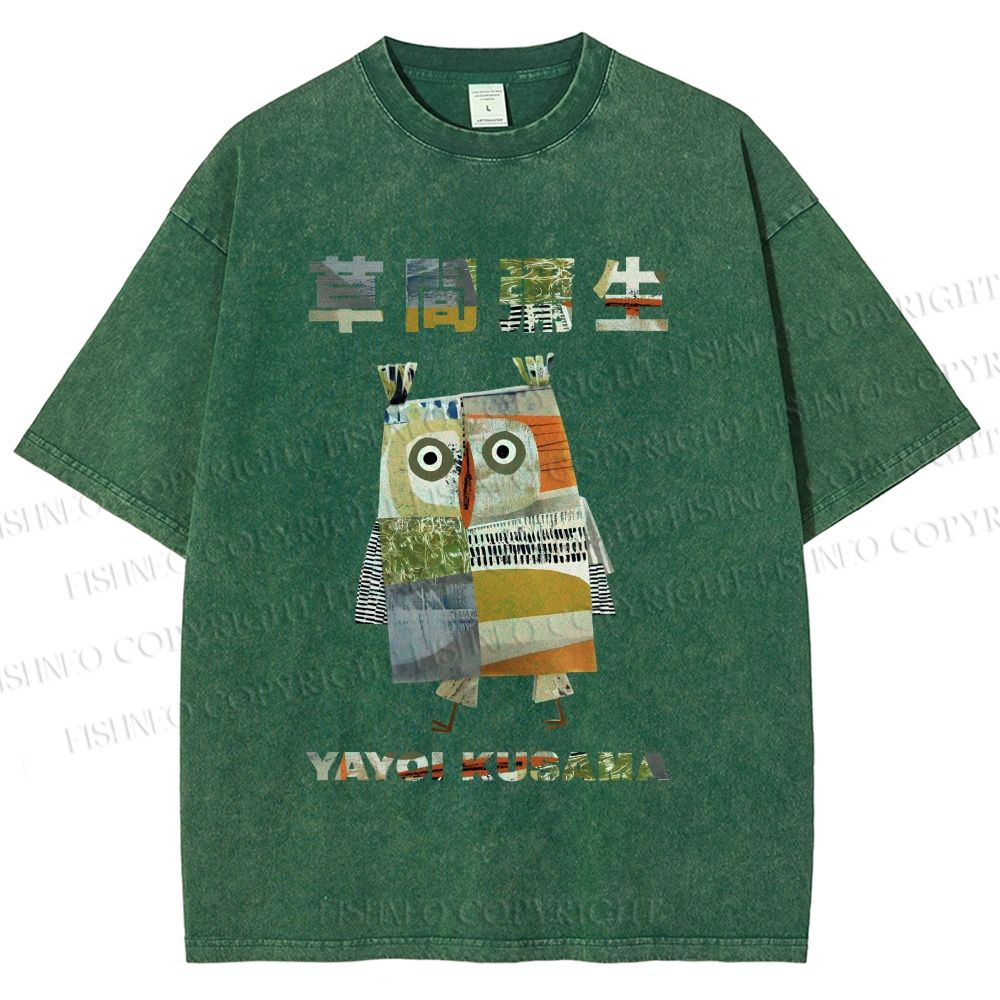 Unisex Japanese Yayoi Kusama Owl Collage Art Printed Washed Tee