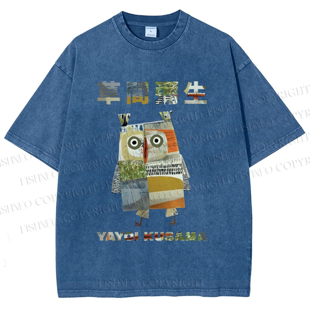 Unisex Japanese Yayoi Kusama Owl Collage Art Printed Washed Tee