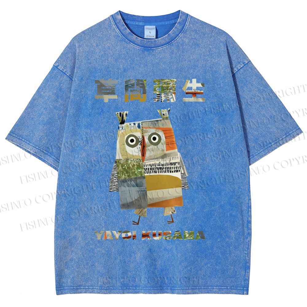 Unisex Japanese Yayoi Kusama Owl Collage Art Printed Washed Tee