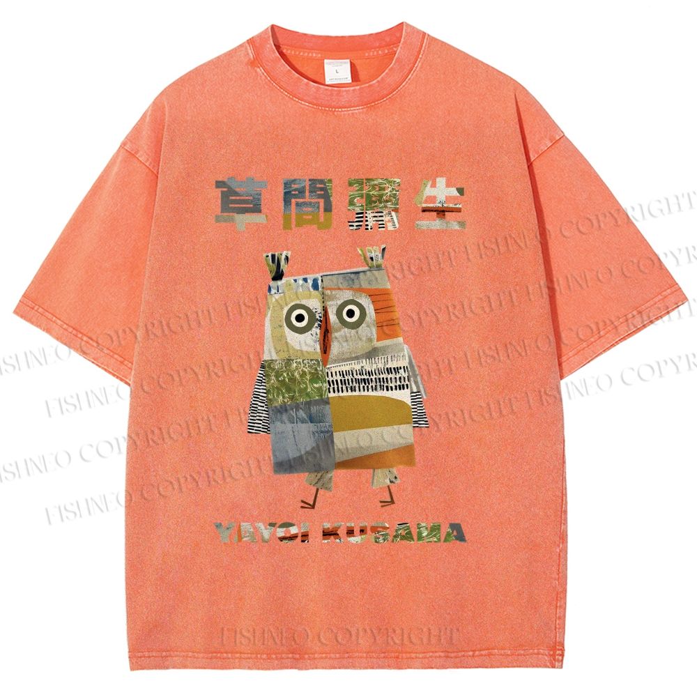 Unisex Japanese Yayoi Kusama Owl Collage Art Printed Washed Tee