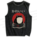 Unisex Grumpy Frog Printed Washed Tank Top