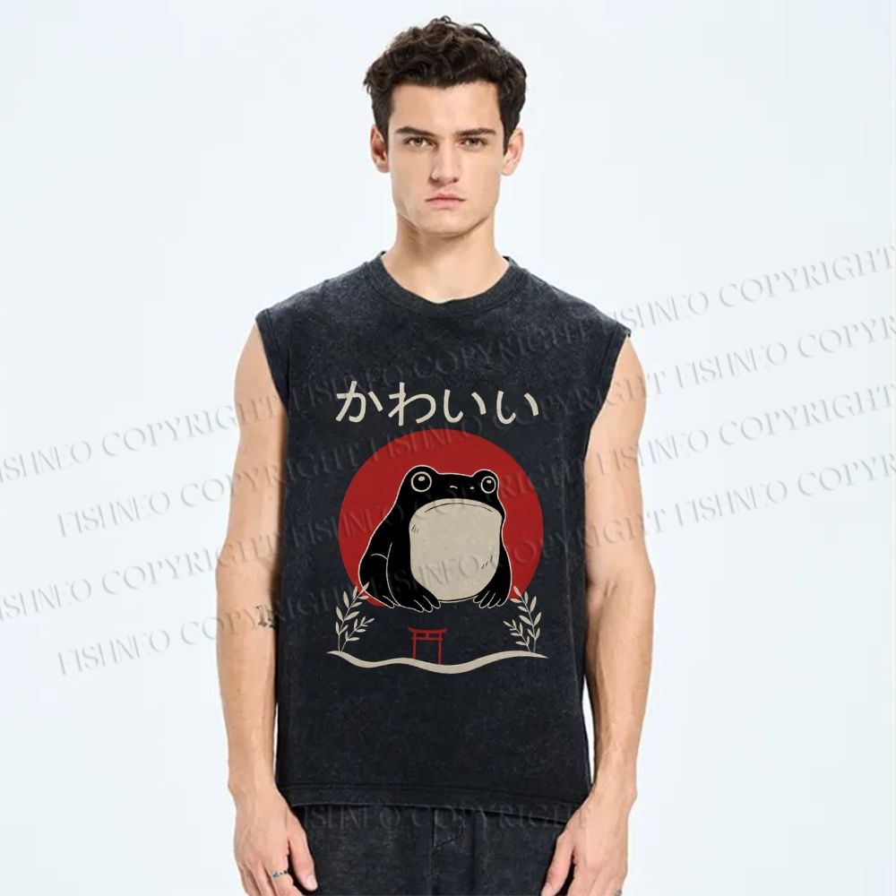 Unisex Grumpy Frog Printed Washed Tank Top