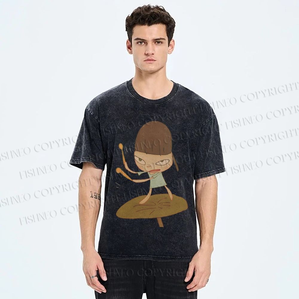 Unisex Yoshitomo Nara Playing Drums Printed Washed Tee