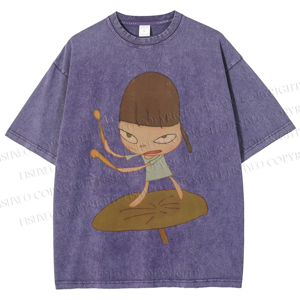 Unisex Yoshitomo Nara Playing Drums Printed Washed Tee