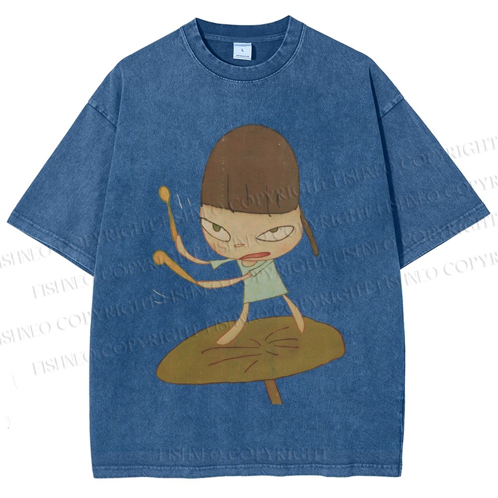 Unisex Yoshitomo Nara Playing Drums Printed Washed Tee