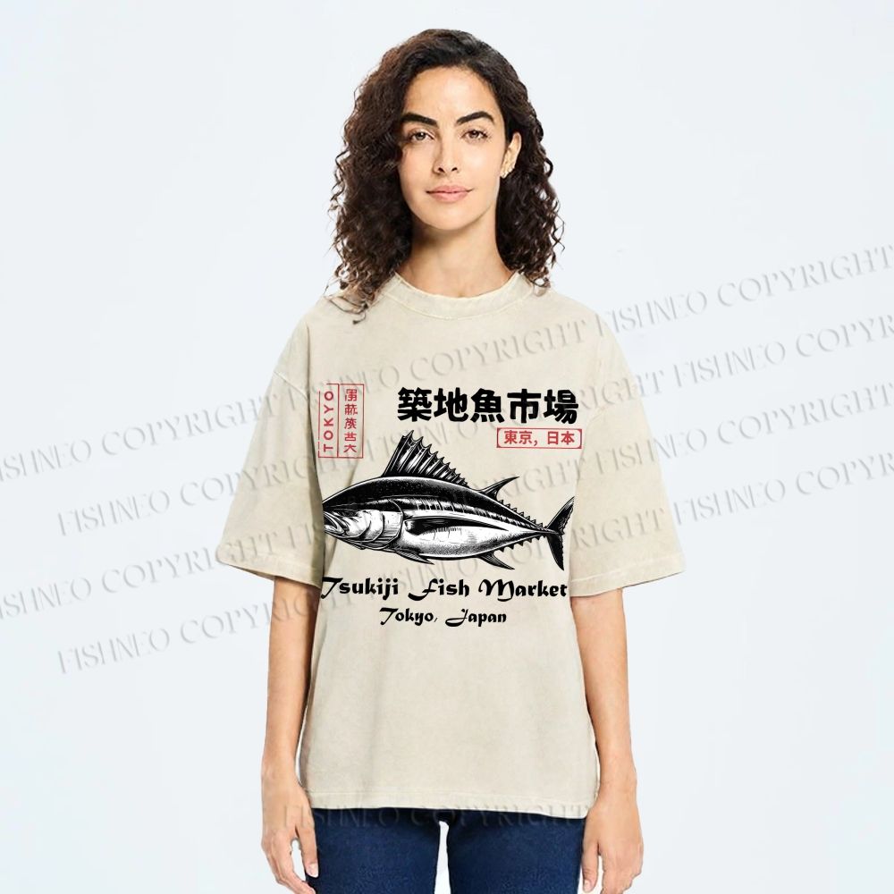 Unisex Tsukiji Fish Market Printed Washed Tee