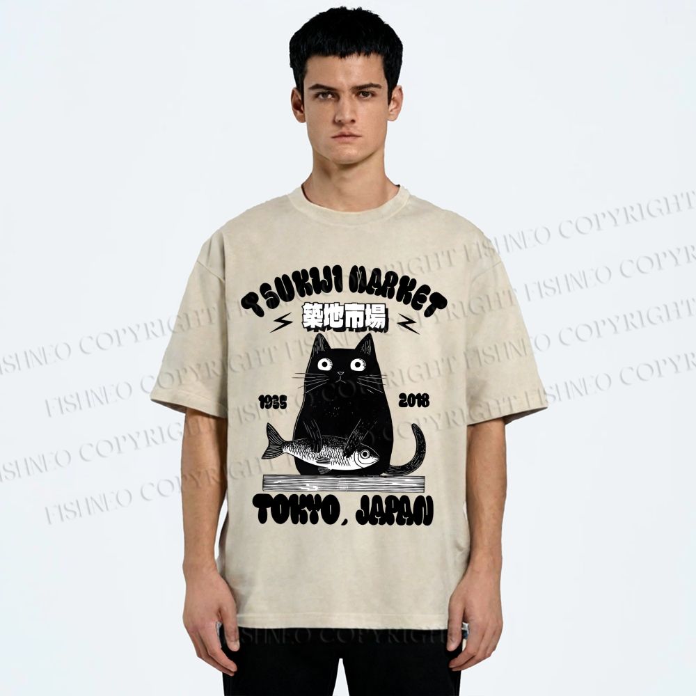 Unisex Tsukiji Market Cat Fish Printed Washed Tee