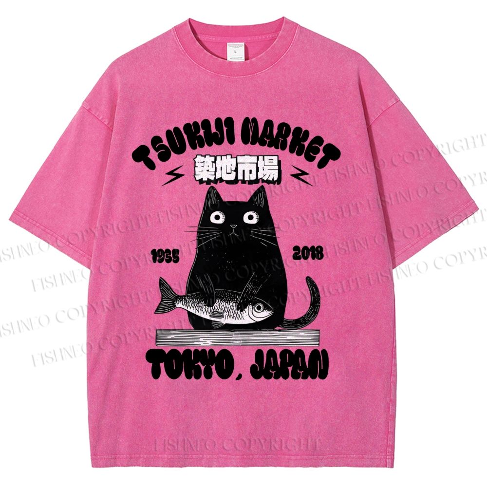 Unisex Tsukiji Market Cat Fish Printed Washed Tee