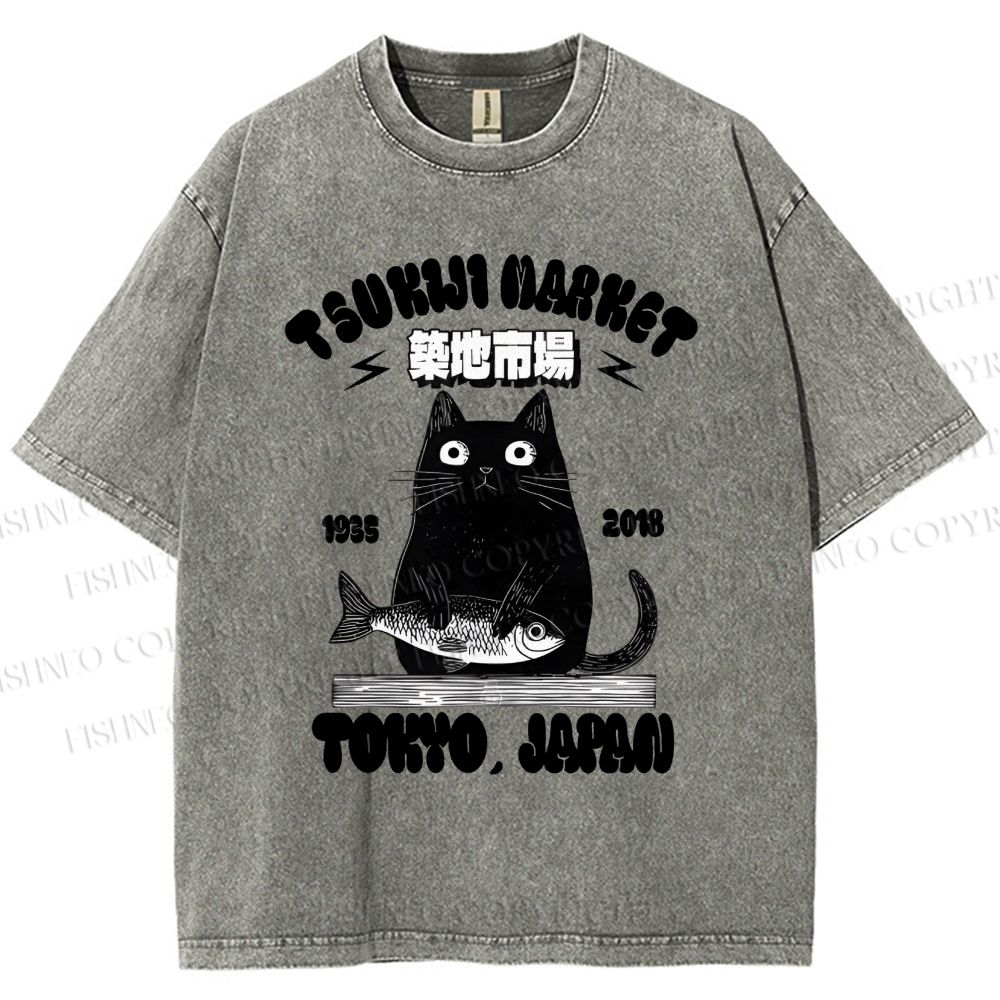 Unisex Tsukiji Market Cat Fish Printed Washed Tee