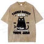 Unisex Tsukiji Market Cat Fish Printed Washed Tee