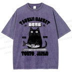 Unisex Tsukiji Market Cat Fish Printed Washed Tee