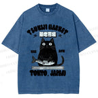 Unisex Tsukiji Market Cat Fish Printed Washed Tee