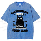 Unisex Tsukiji Market Cat Fish Printed Washed Tee