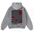 Casual Geometric Lines And Circles Printed Washed Hoodie
