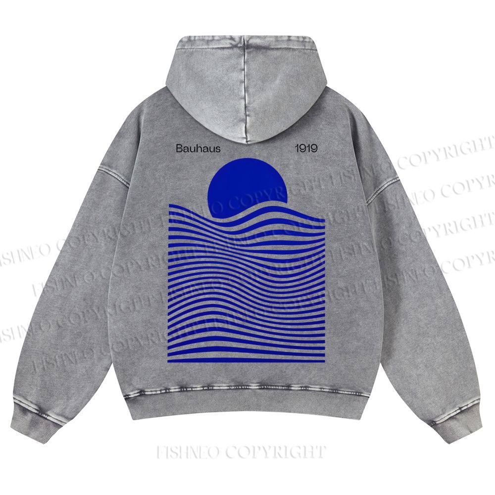 Casual Geometric Sunrise And Waves Printed Washed Hoodie