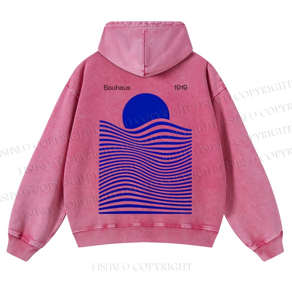 Casual Geometric Sunrise And Waves Printed Washed Hoodie