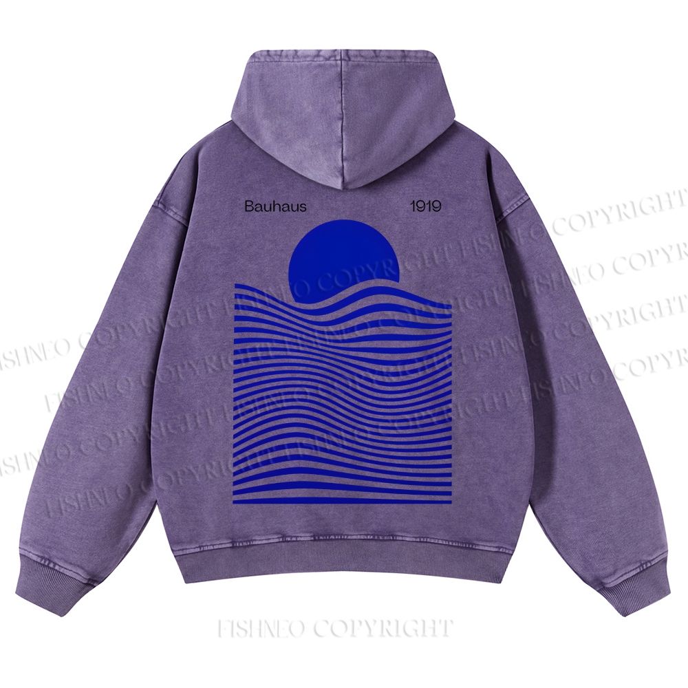 Casual Geometric Sunrise And Waves Printed Washed Hoodie