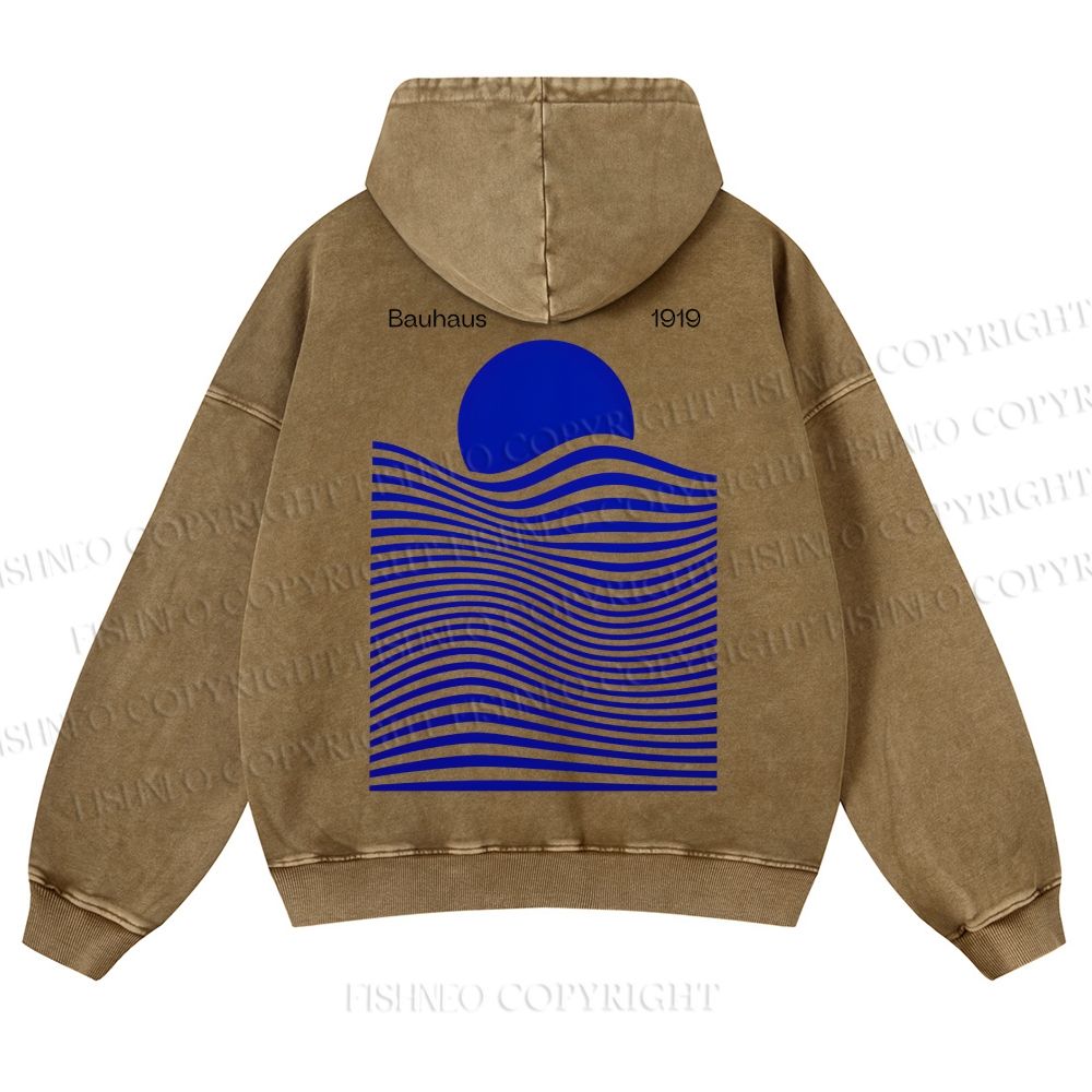 Casual Geometric Sunrise And Waves Printed Washed Hoodie
