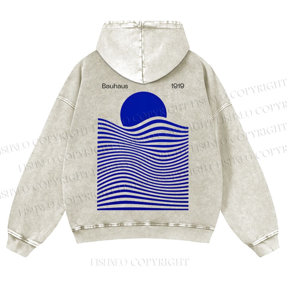 Casual Geometric Sunrise And Waves Printed Washed Hoodie