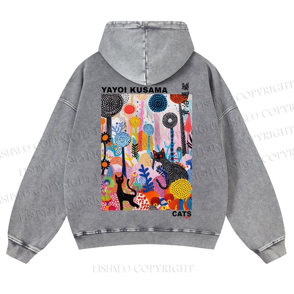 Casual Yayoi Kusama Flowers Cats Printed Washed Hoodie