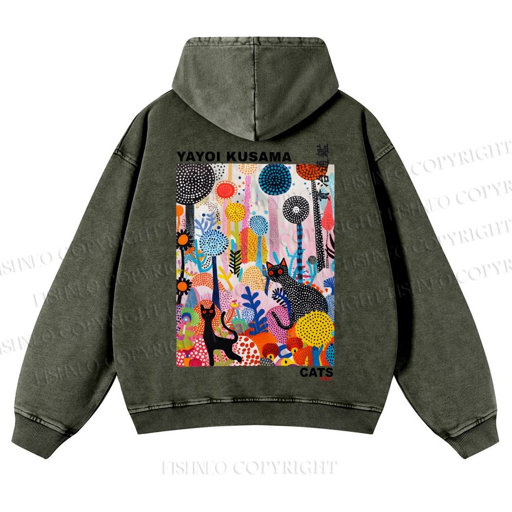 Casual Yayoi Kusama Flowers Cats Printed Washed Hoodie