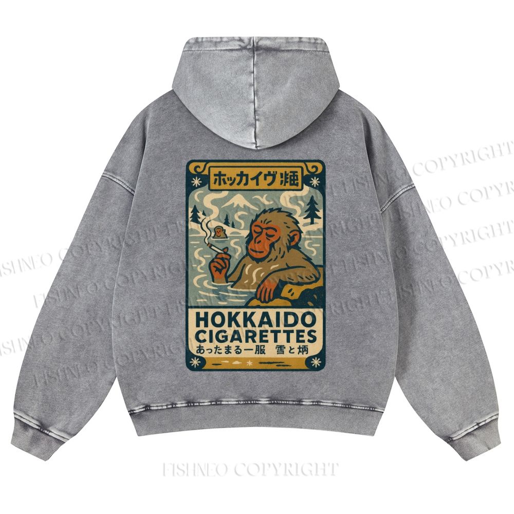 Casual Vintage Monkey Hokkaido Cigarettes Printed Washed Hoodie