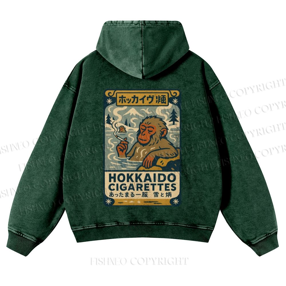 Casual Vintage Monkey Hokkaido Cigarettes Printed Washed Hoodie