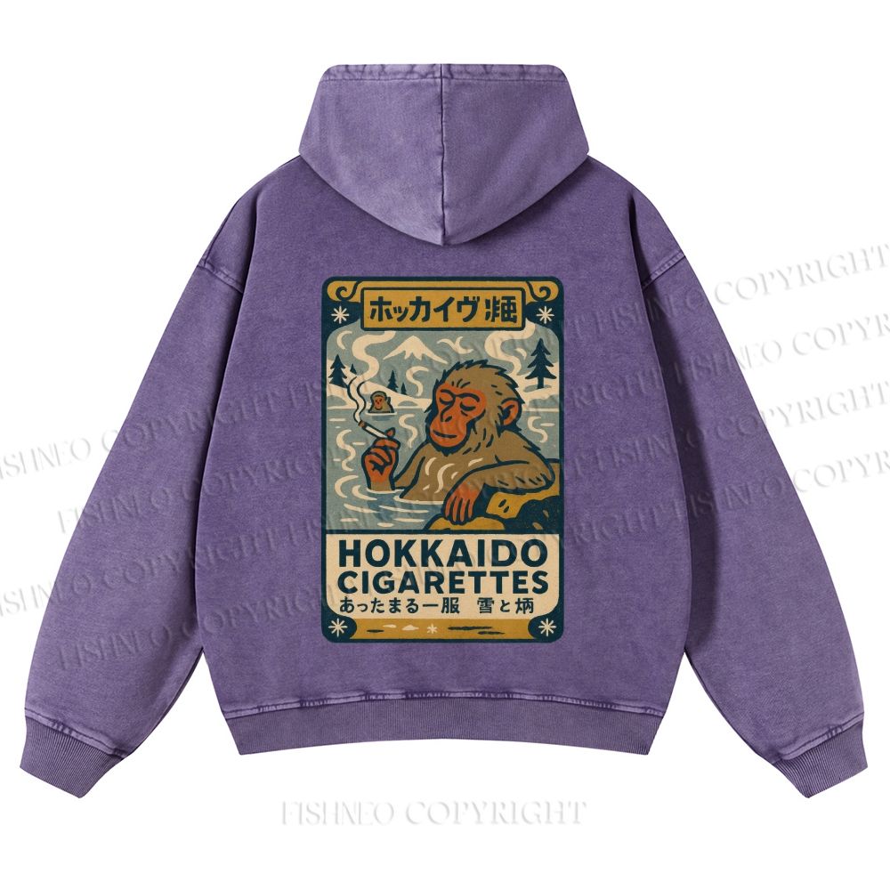 Casual Vintage Monkey Hokkaido Cigarettes Printed Washed Hoodie