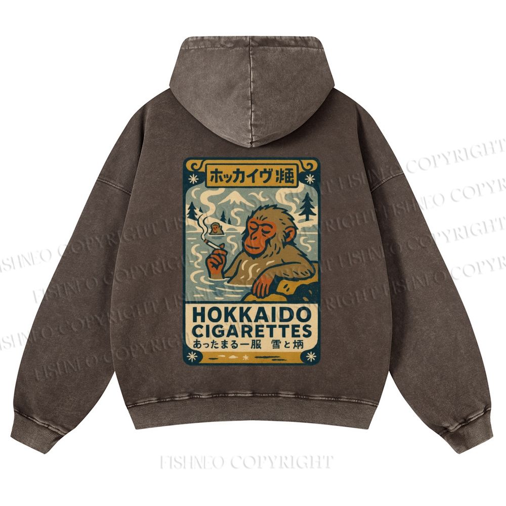 Casual Vintage Monkey Hokkaido Cigarettes Printed Washed Hoodie