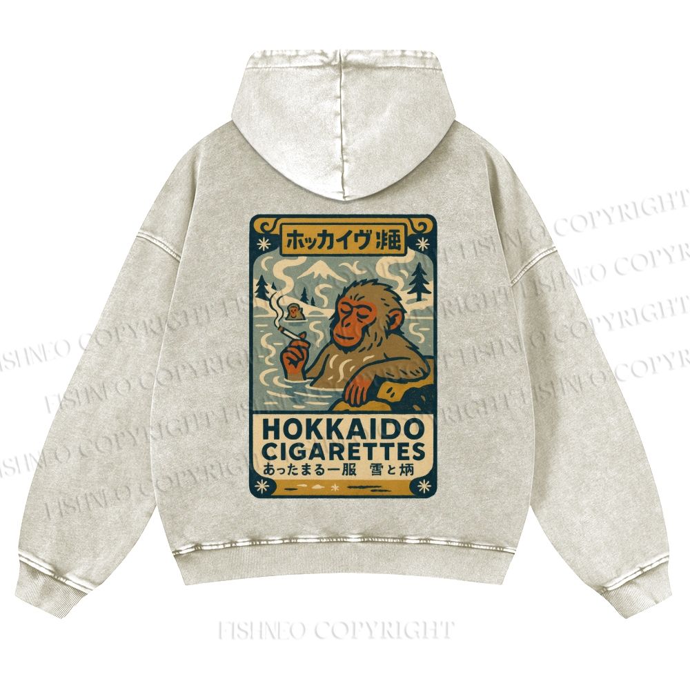 Casual Vintage Monkey Hokkaido Cigarettes Printed Washed Hoodie