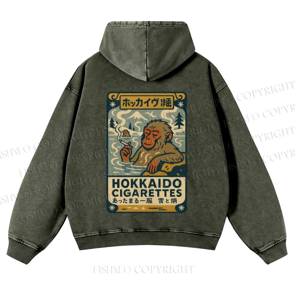 Casual Vintage Monkey Hokkaido Cigarettes Printed Washed Hoodie