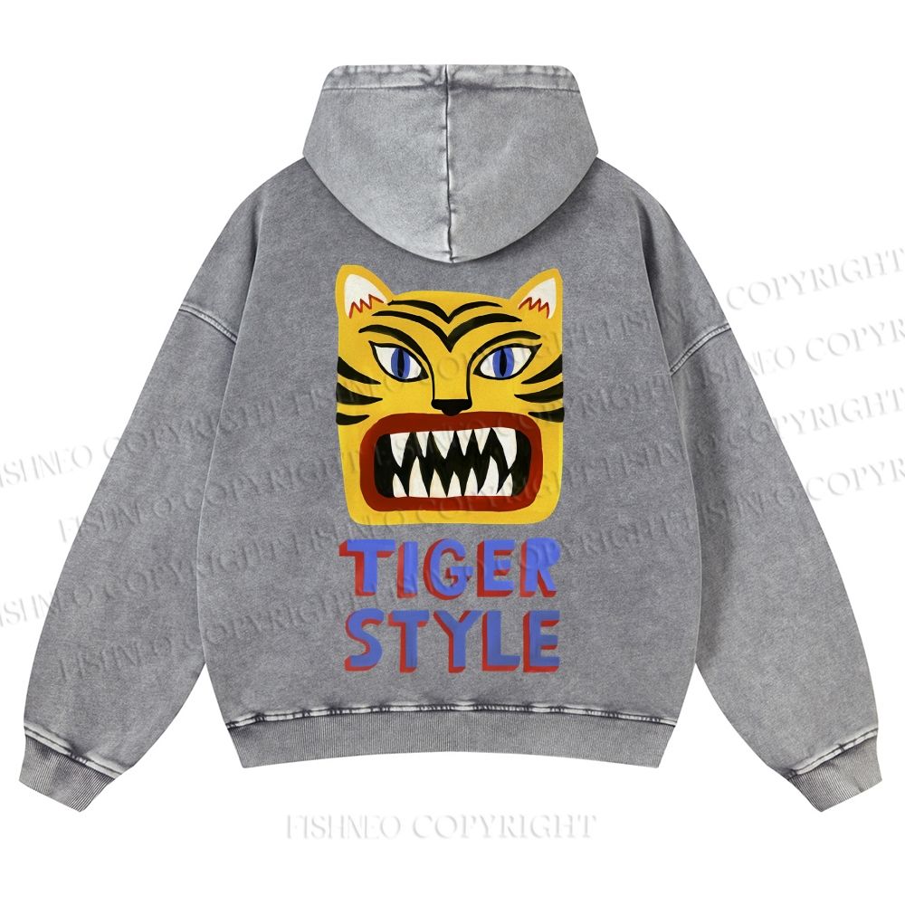 Casual Tiger Style Printed Washed Hoodie
