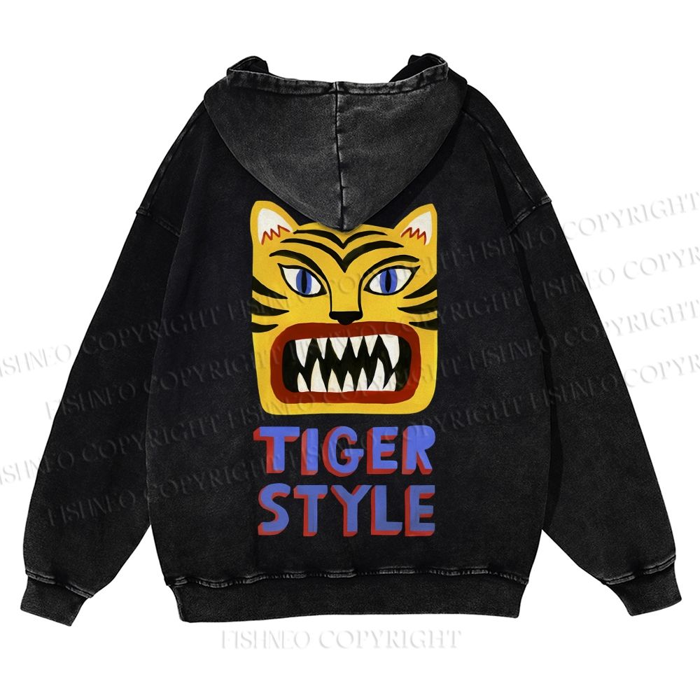 Casual Tiger Style Printed Washed Hoodie