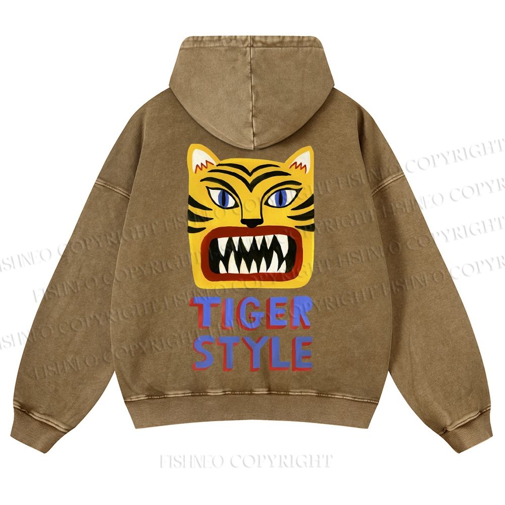 Casual Tiger Style Printed Washed Hoodie