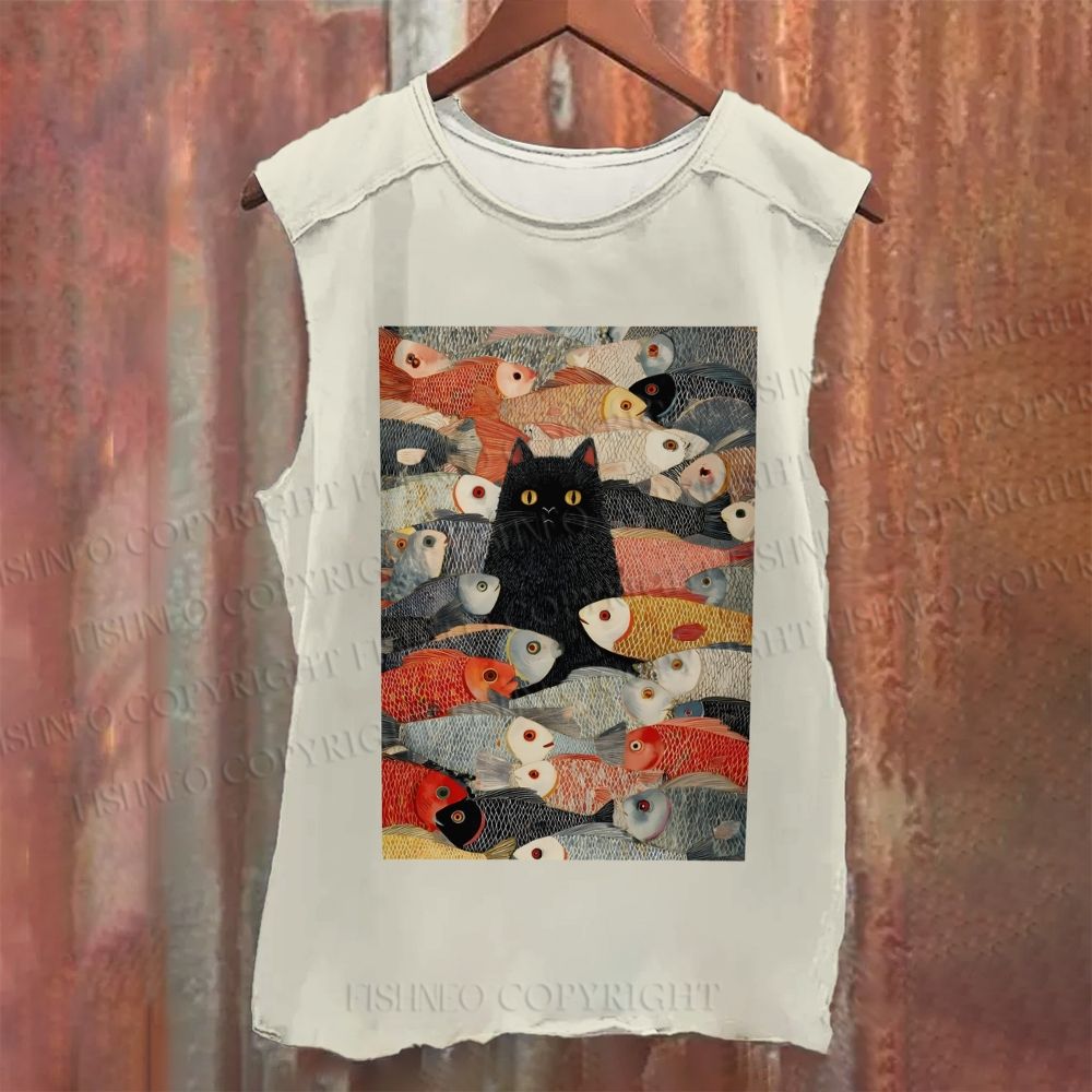 Unisex Casual Vintage Japanese Black Cat Koi Fish Printed Tank Top