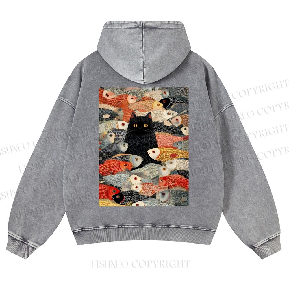 Vintage Japanese Black Cat Koi Fish Casual Washed Hoodie