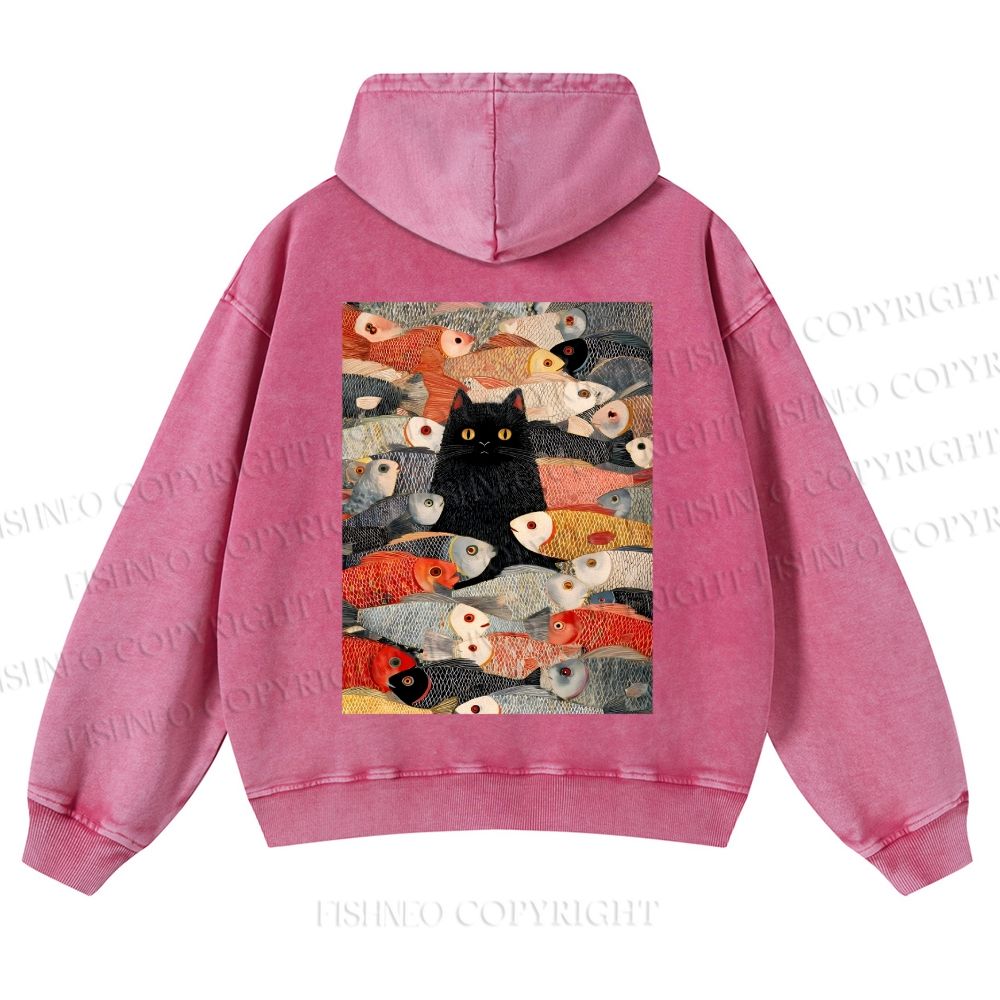 Vintage Japanese Black Cat Koi Fish Casual Washed Hoodie