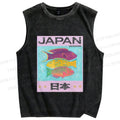 Unisex Japan Cartoon Fish Printed Washed Tank Top