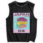 Unisex Japan Cartoon Fish Printed Washed Tank Top
