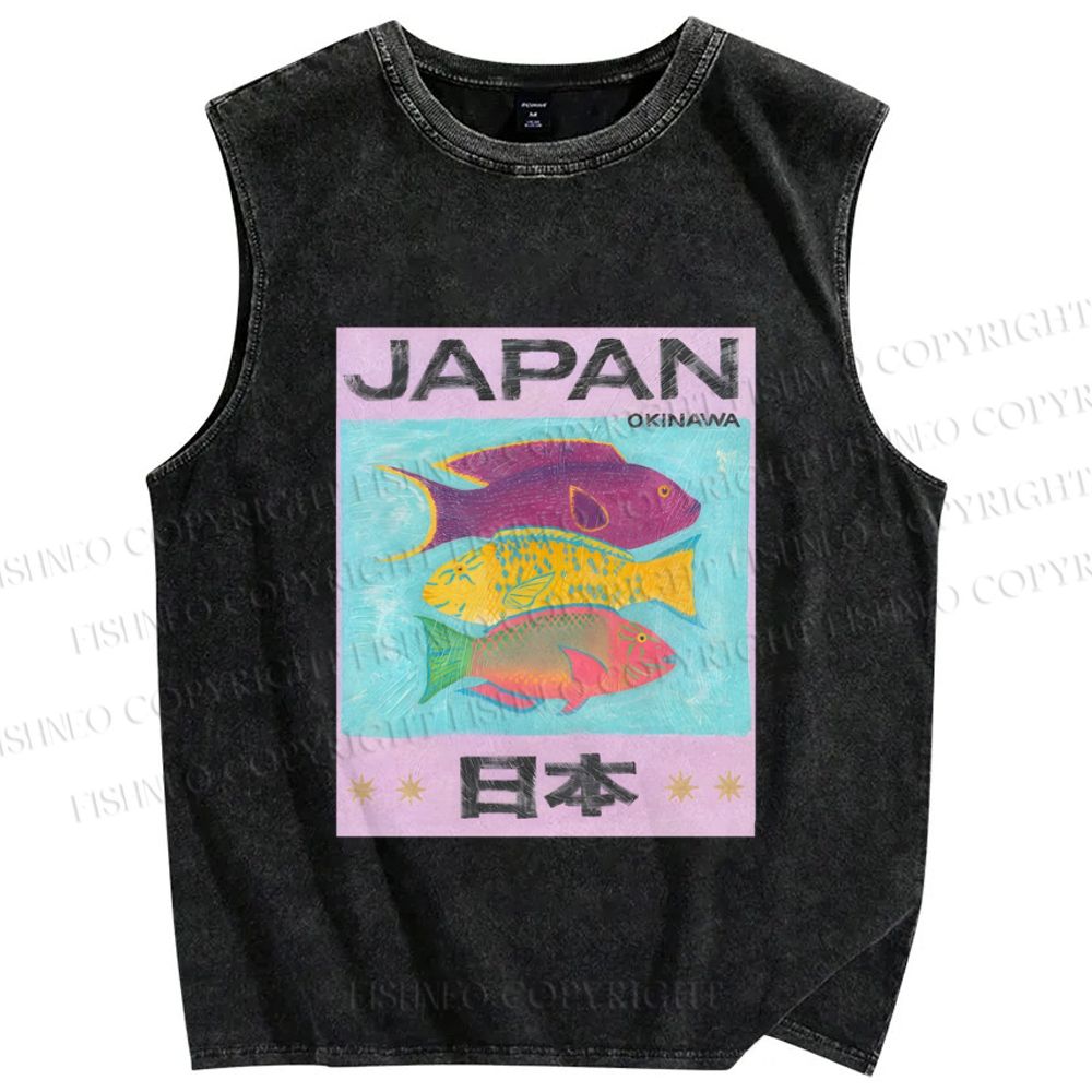 Unisex Japan Cartoon Fish Printed Washed Tank Top