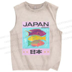 Unisex Japan Cartoon Fish Printed Washed Tank Top