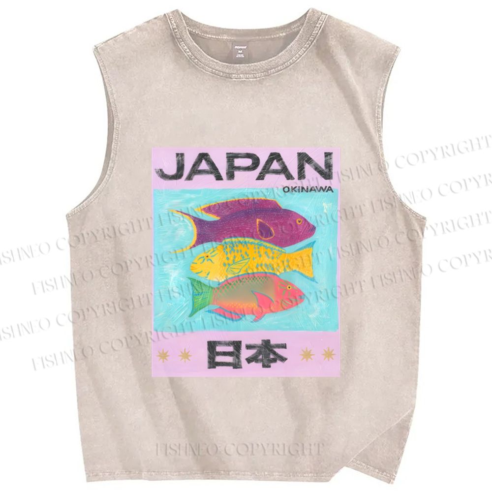 Unisex Japan Cartoon Fish Printed Washed Tank Top