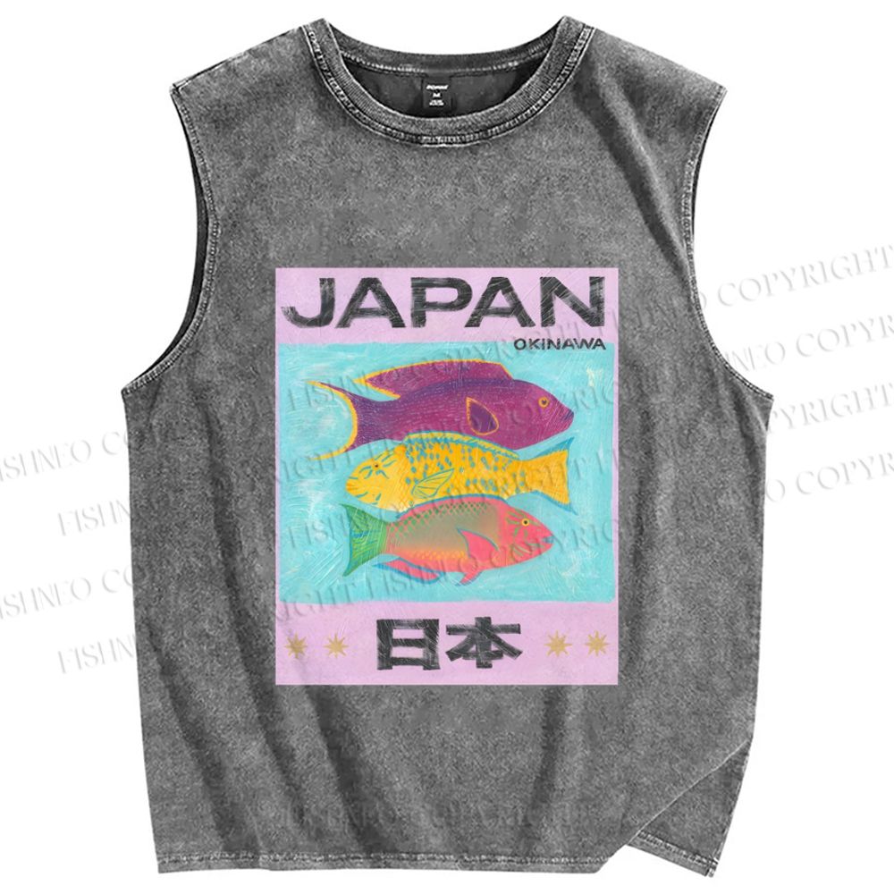 Unisex Japan Cartoon Fish Printed Washed Tank Top