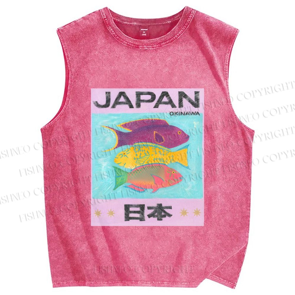 Unisex Japan Cartoon Fish Printed Washed Tank Top